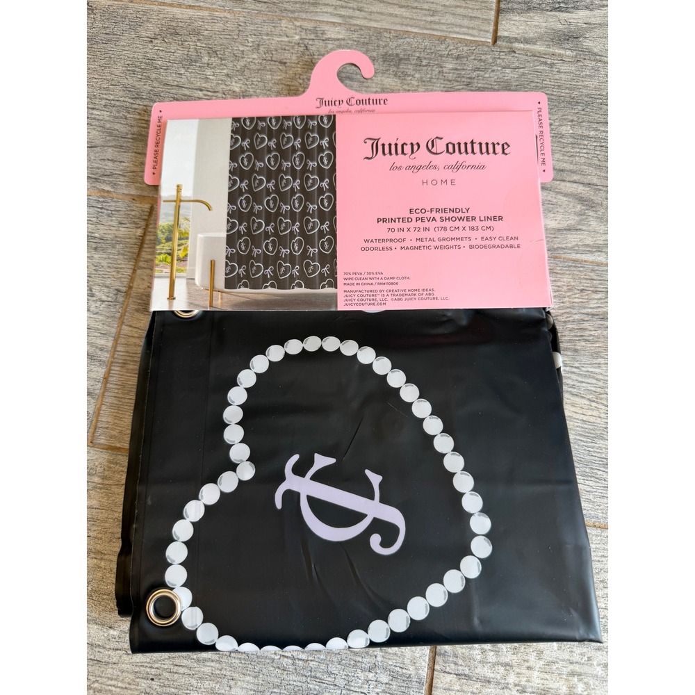 Juicy Couture Shower Curtain Liner 70x72 Black Pearl Heart Bow PEVA NWT Monogram